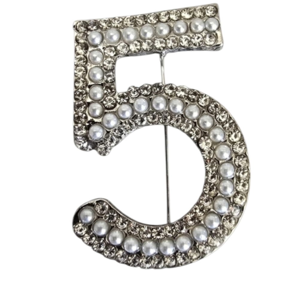 Paris Number 5 Faux Pearl Silver Rhinestone Fashion Brooch Pin Lapel Scarf